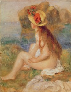 Baigneuse assise avec un chapeau de paille
